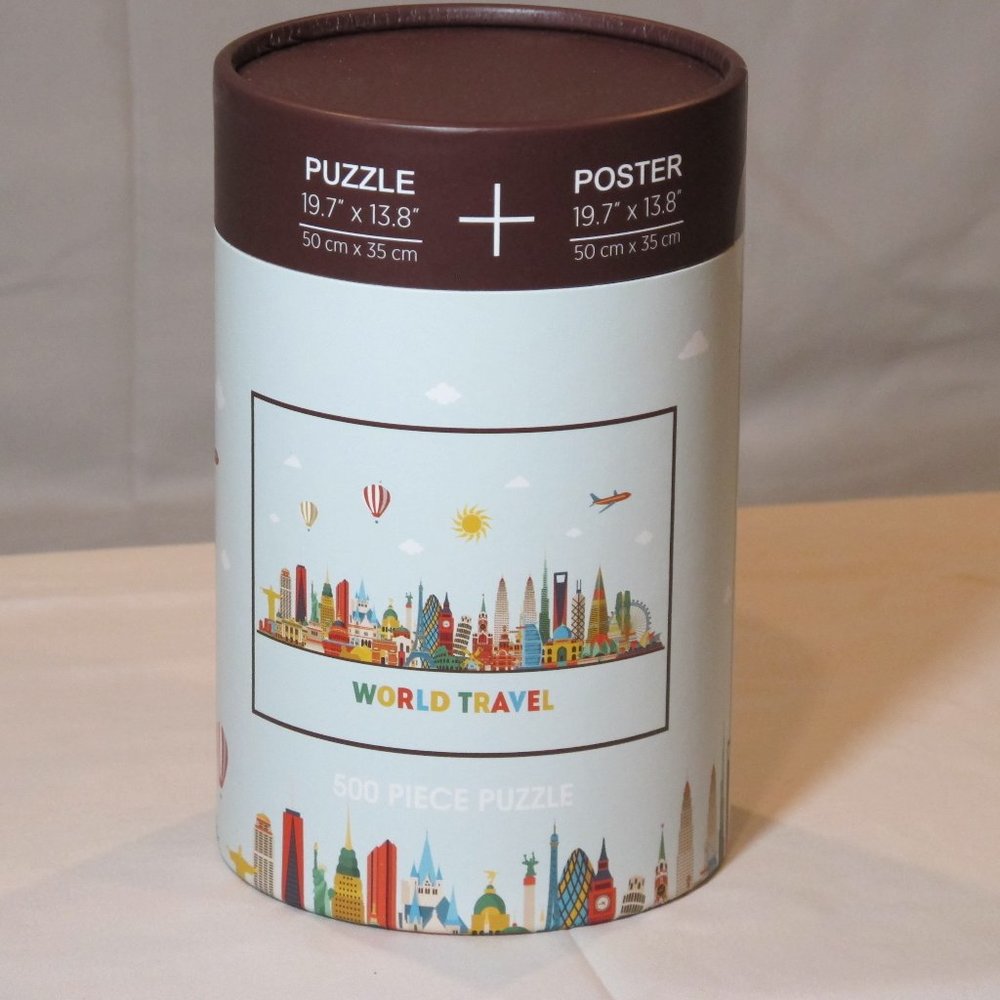 world travel puzzle with famous skyline buildings from world.